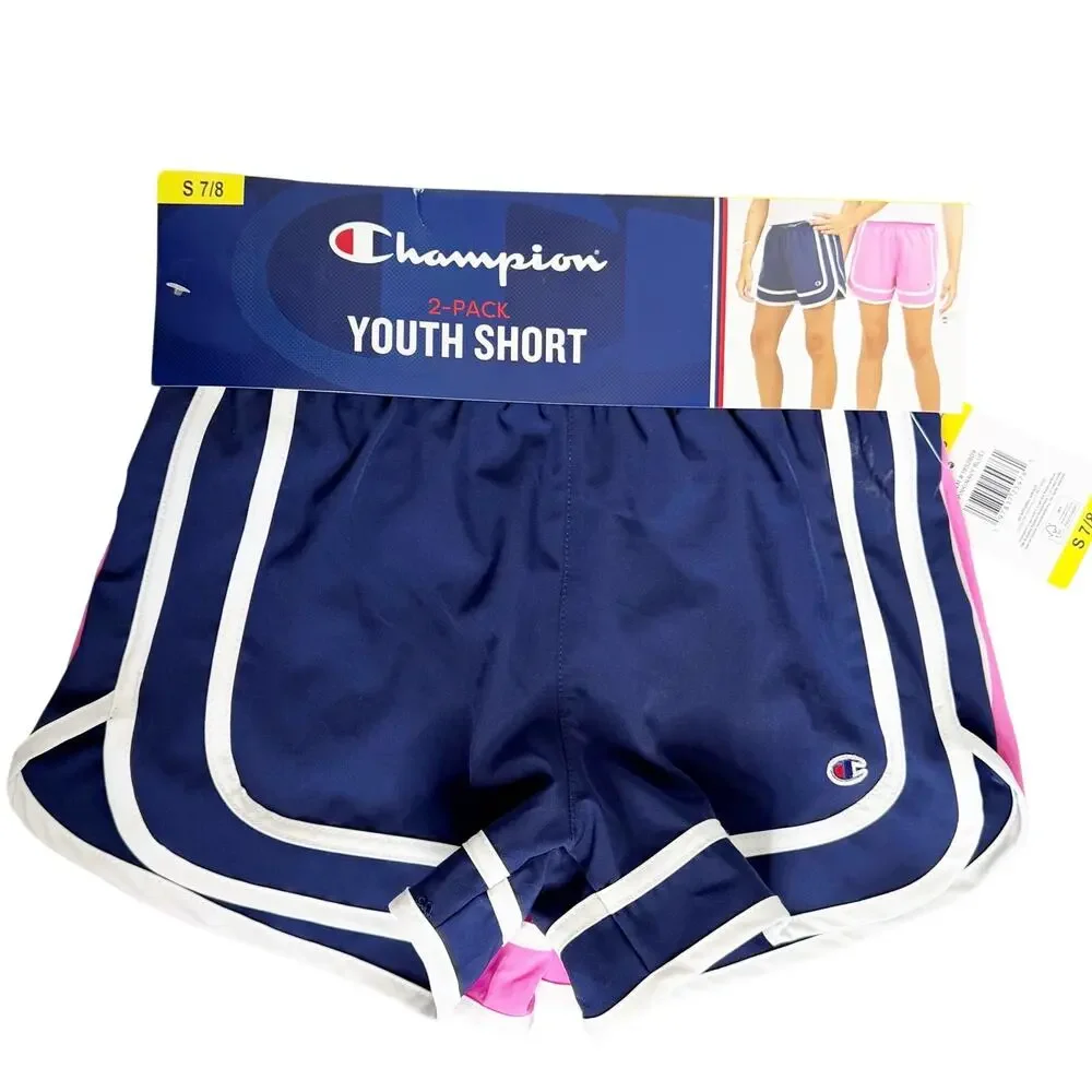 CHAMPION Youth 2-Pack Stripe Shorts Elastic Waist Pull-On Pink & Navy Size S 7/8